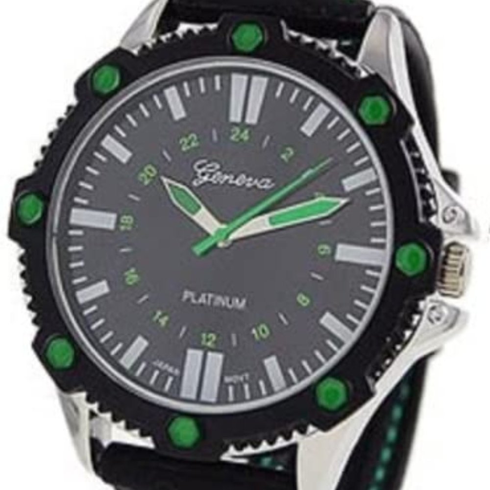 Geneva Platinum 3498 Silicone Stitching Watch-BLK/GREEN/SIL